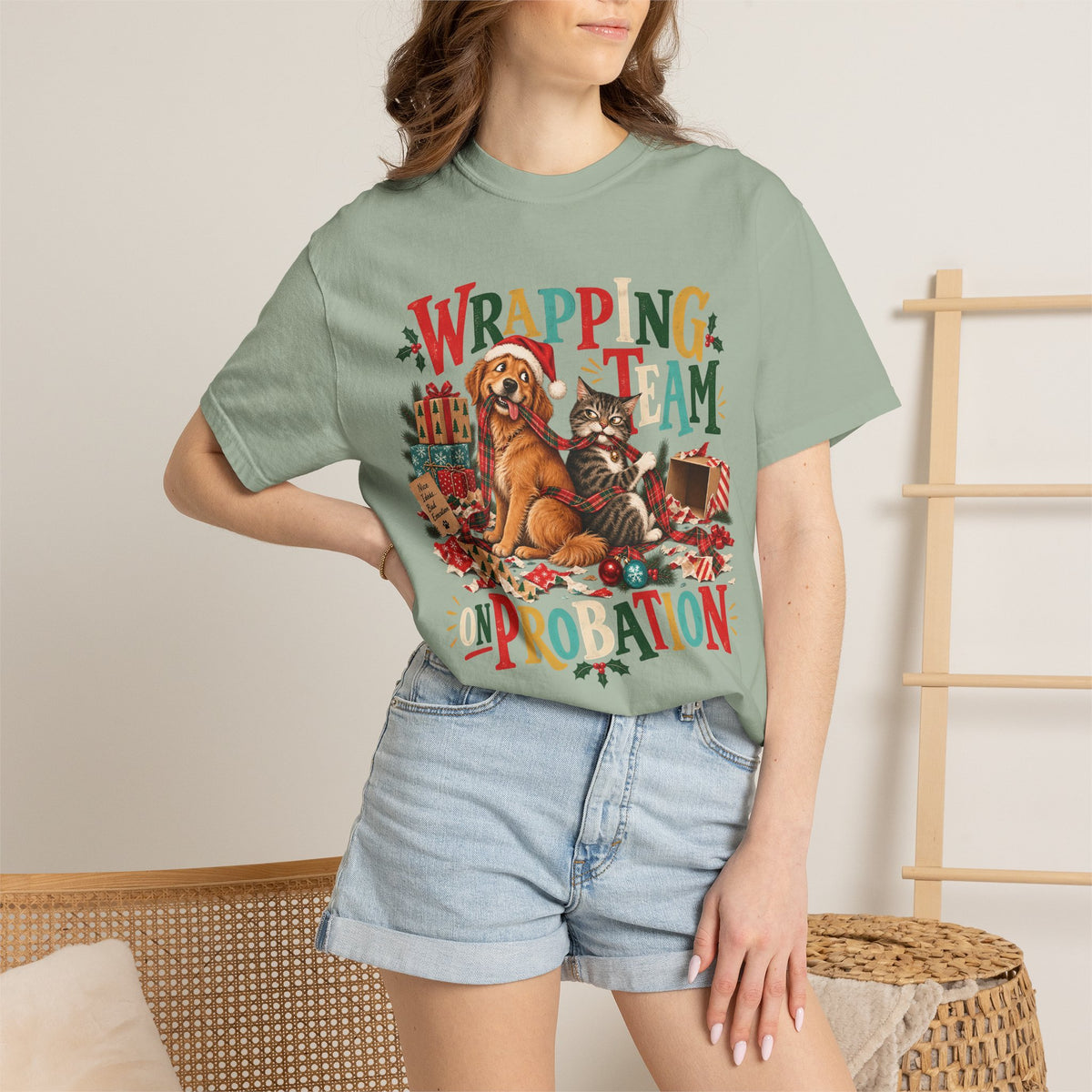 Wrapping Team on Probation T-Shirt – Funny Christmas Dog & Cat Tee