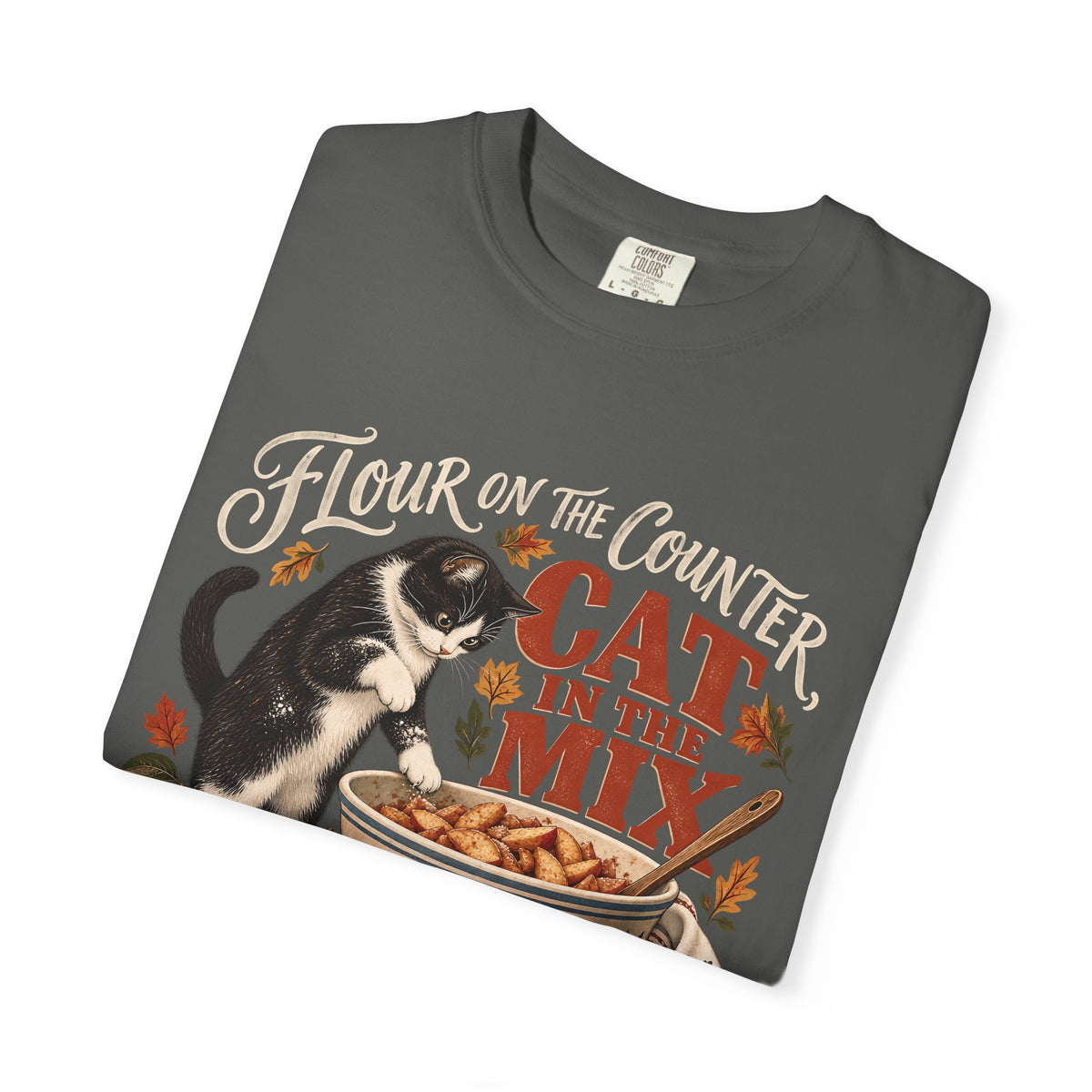 Flour on the Counter Cat in the Mix T-Shirt – Funny Baking Cat Tee