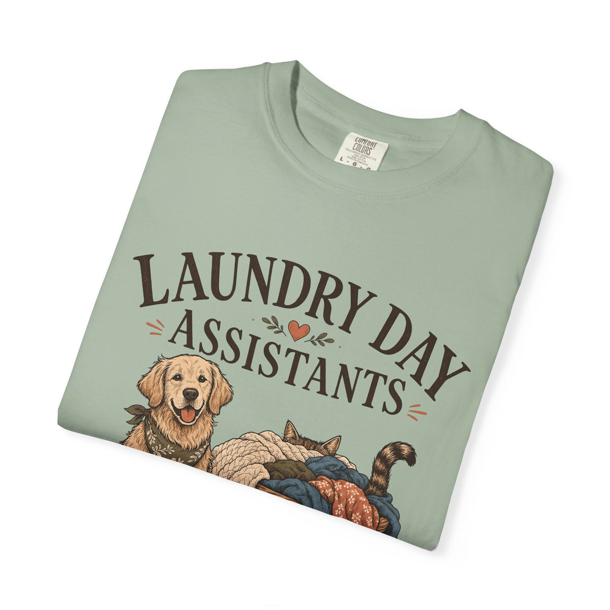 "Laundry Day Assistants" Funny Golden Retriever & Cat T-Shirt