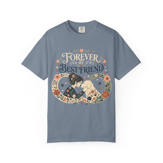 A slate blue short-sleeve t-shirt with a vintage-style graphic on the front that reads 'FOREVER AS MY BEST FRIEND' surrounding an illustration of a woman and a cat in a floral wreath.