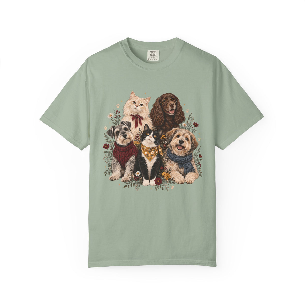 Dog & Cat Family T-Shirt – Vintage Botanical Five Pets Tee