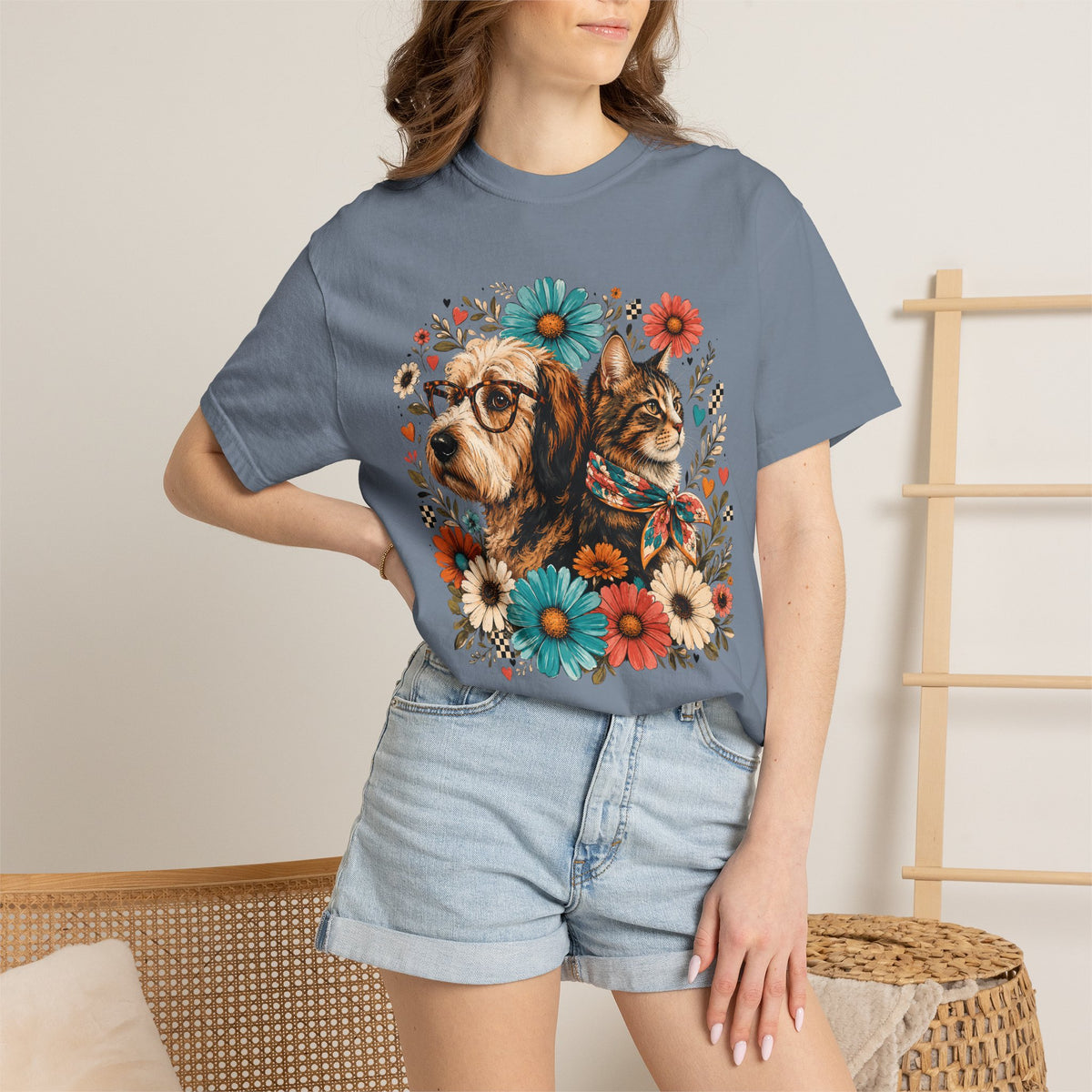 Retro Floral Dog and Cat T-Shirt – Colorful Pet Mom Graphic