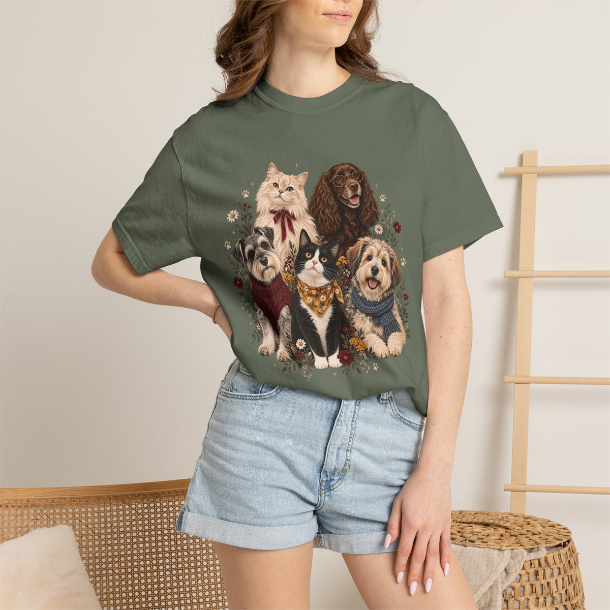 Dog & Cat Family T-Shirt – Vintage Botanical Five Pets Tee