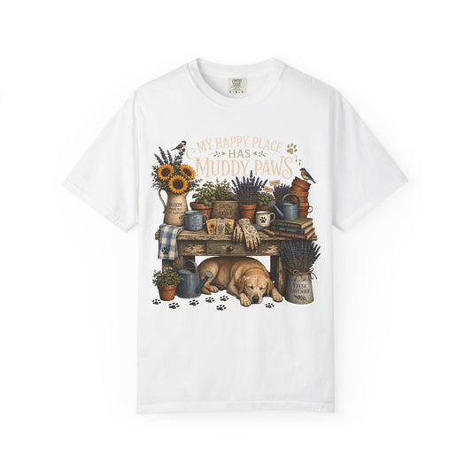 My Happy Place Has Muddy Paws Shirt, Labrador Lover Gardening T-Shirt