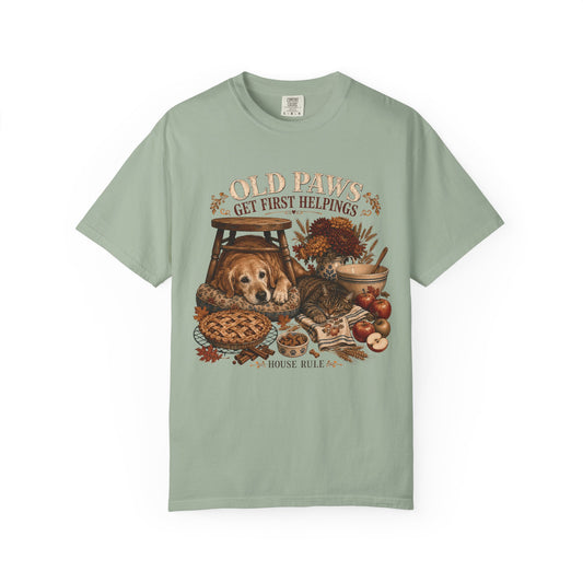 Old Paws Get First Helpings – Senior Dog Lover T-Shirt
