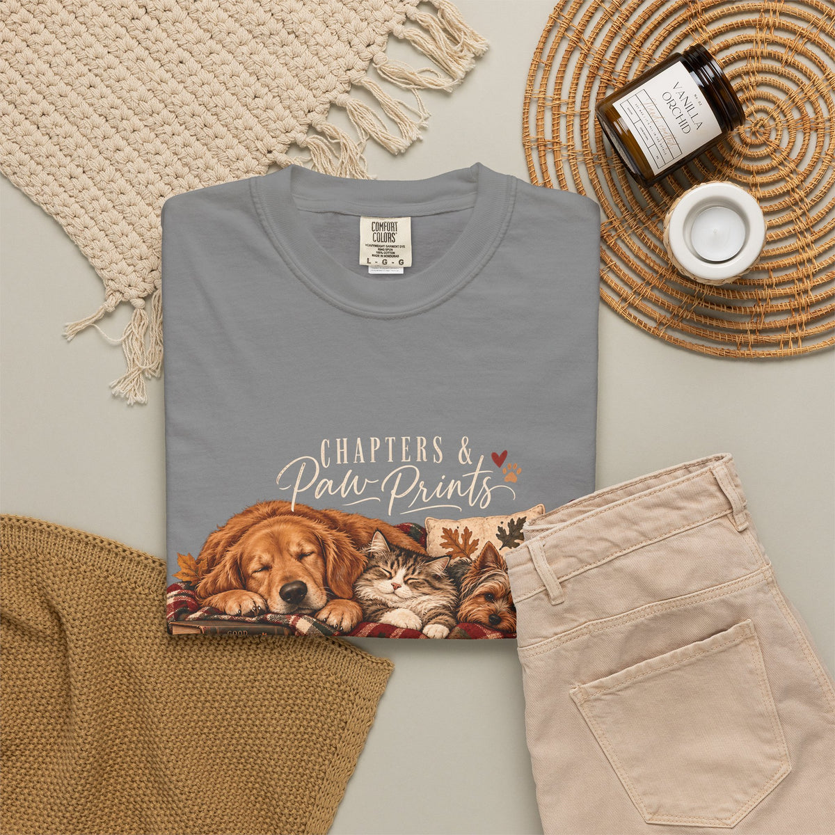 Chapters & Paw Prints T-Shirt – Cozy Book Lover Pet Parent Tee