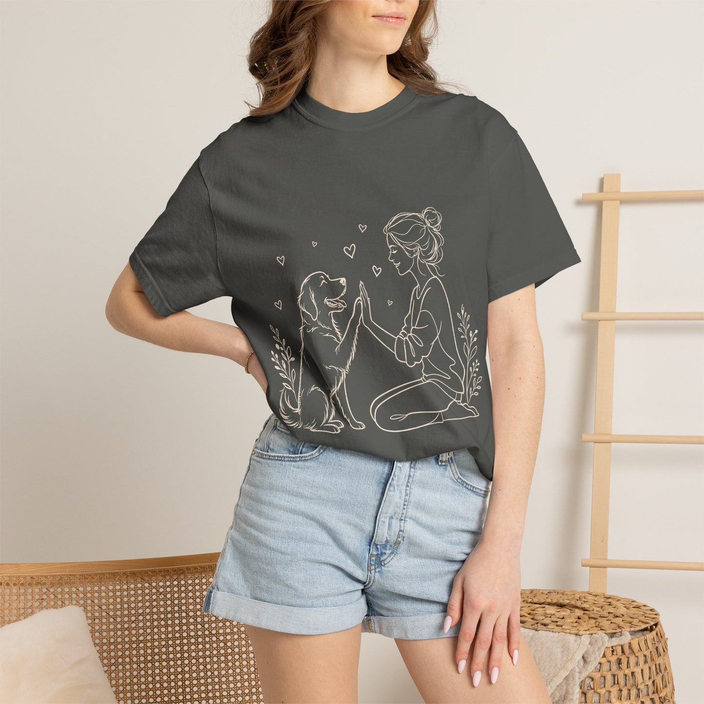 Minimalist Woman and Dog High Five - Cute Pet Lover T-Shirt