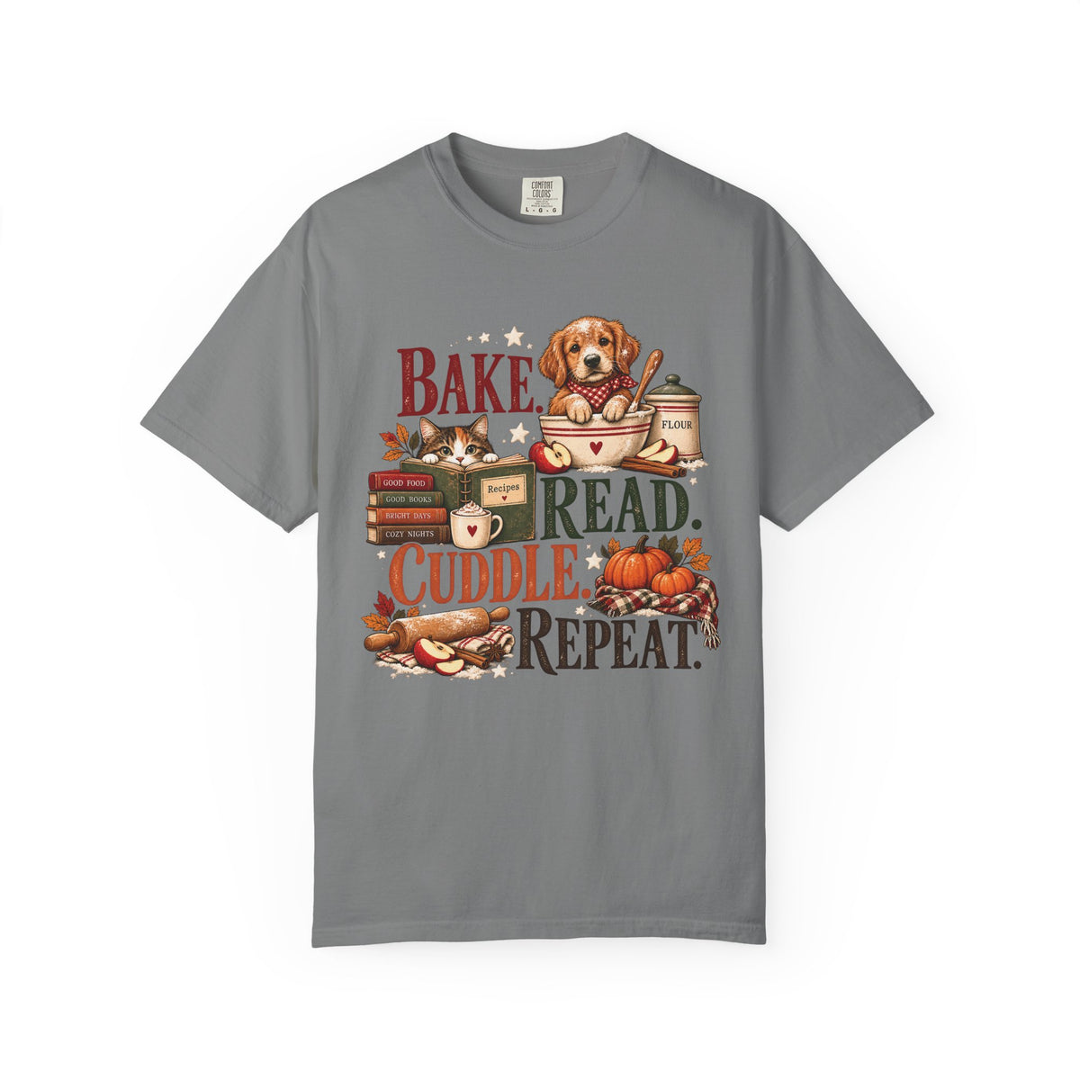 Bake. Read. Cuddle. Repeat. Pet Lover T-Shirt – Cozy Dog & Cat Book Lover Tee
