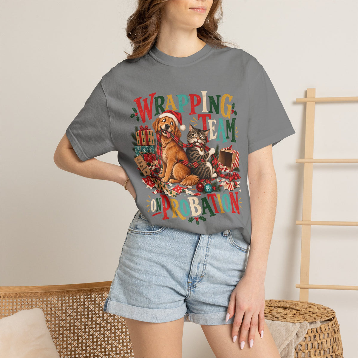 Wrapping Team on Probation T-Shirt – Funny Christmas Dog & Cat Tee