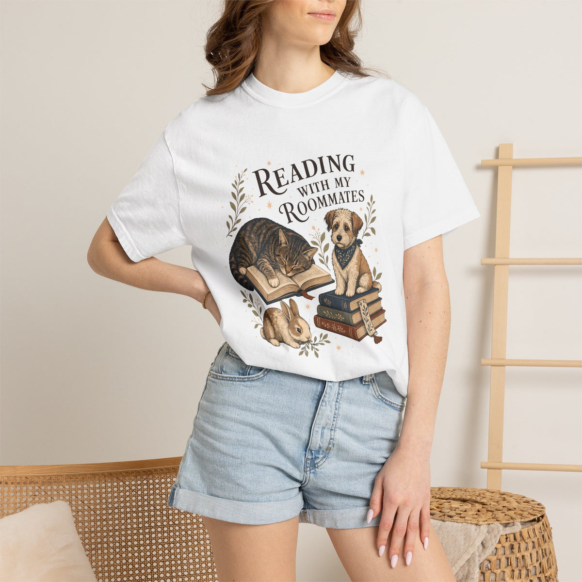 "Reading With My Roommates" Cat, Dog & Bunny Book Lover T-Shirt