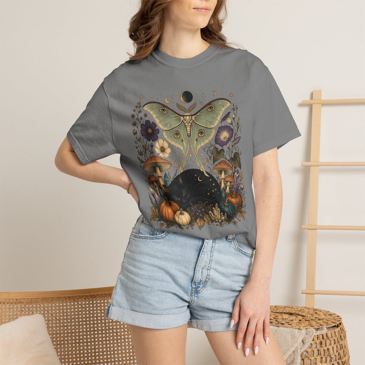 Celestial Black Cat T-Shirt – Witchy Moth & Mushroom Cat Lover Tee