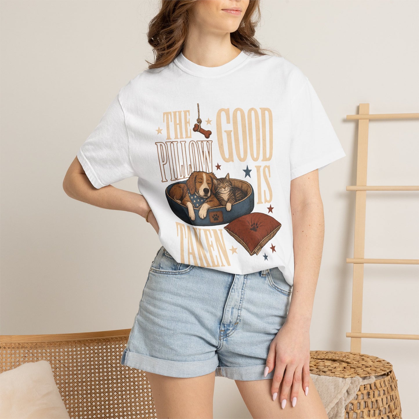 "The Good Pillow Is Taken" Funny Sleeping Dog & Cat T-Shirt