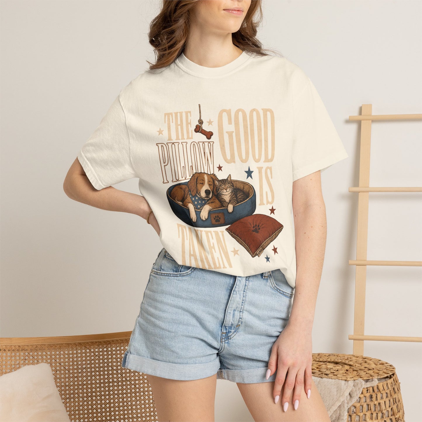 "The Good Pillow Is Taken" Funny Sleeping Dog & Cat T-Shirt