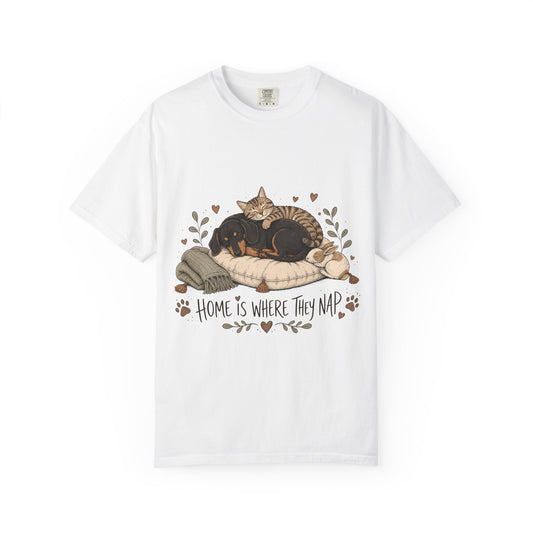 "Home Is Where They Nap" Sleepy Pets T-Shirt – Dachshund, Cat & Bunny Design