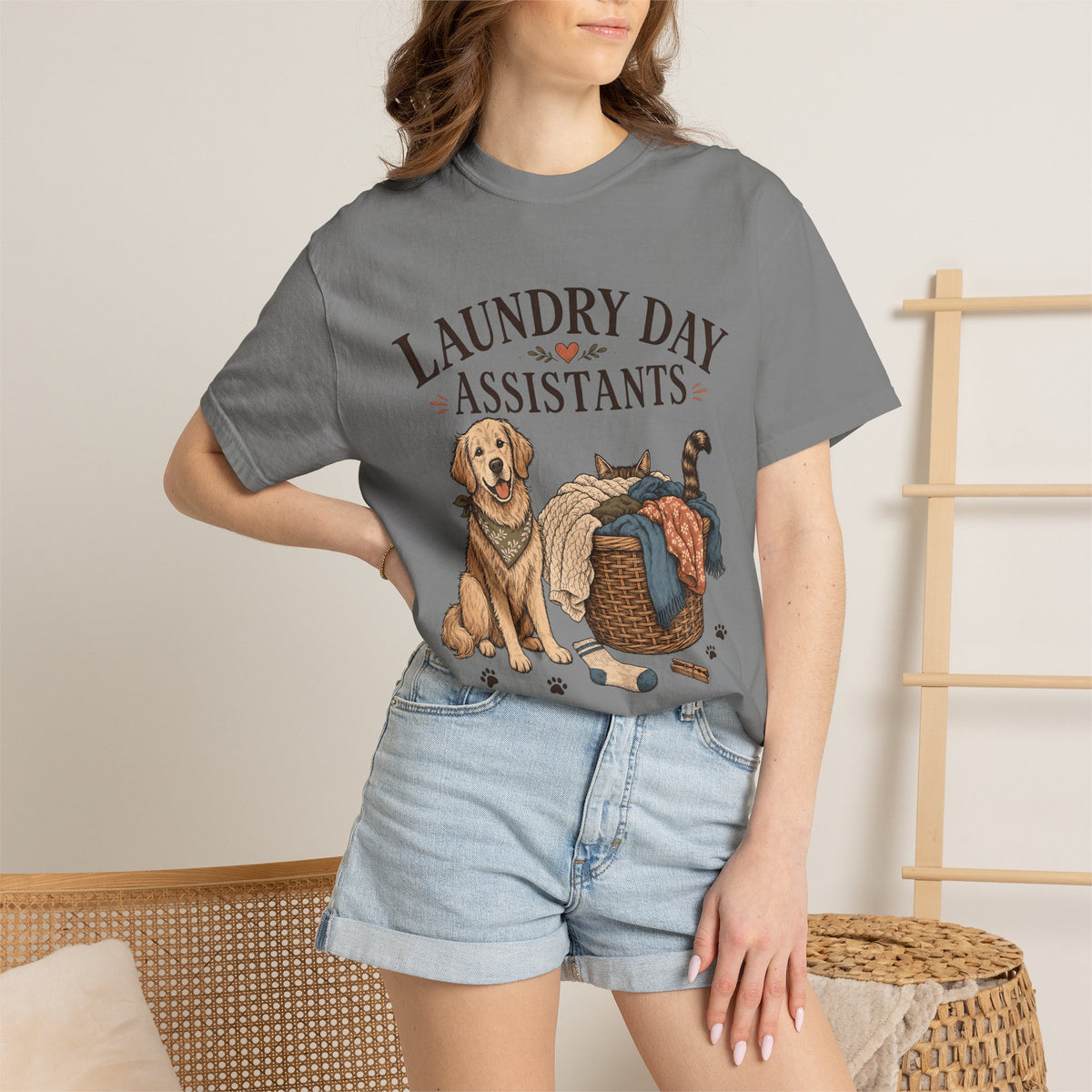 "Laundry Day Assistants" Funny Golden Retriever & Cat T-Shirt