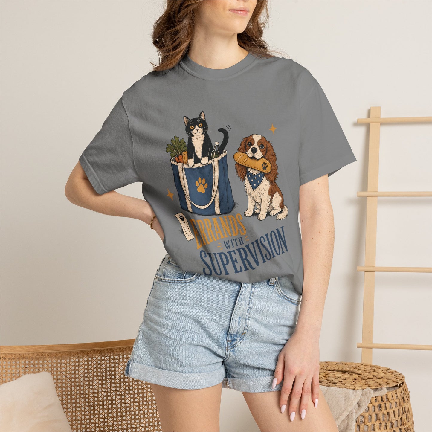 "Errands With Supervision" Funny Grocery Shopping Cat & Dog T-Shirt