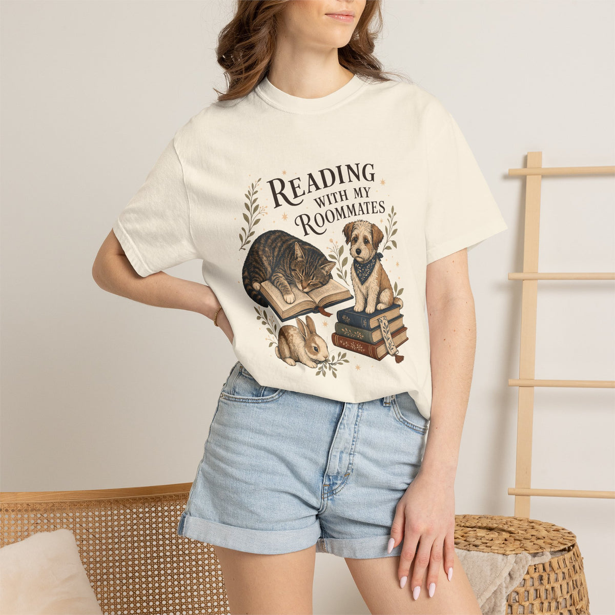 "Reading With My Roommates" Cat, Dog & Bunny Book Lover T-Shirt
