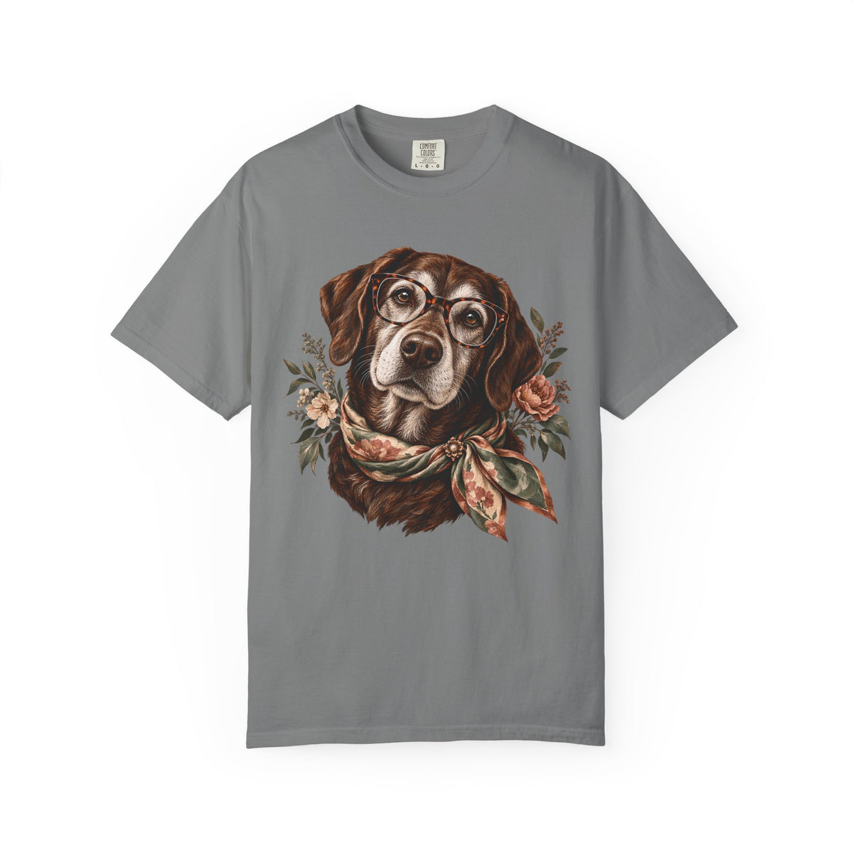 Vintage Floral Dog T-Shirt – Dog with Glasses & Botanical Scarf Tee