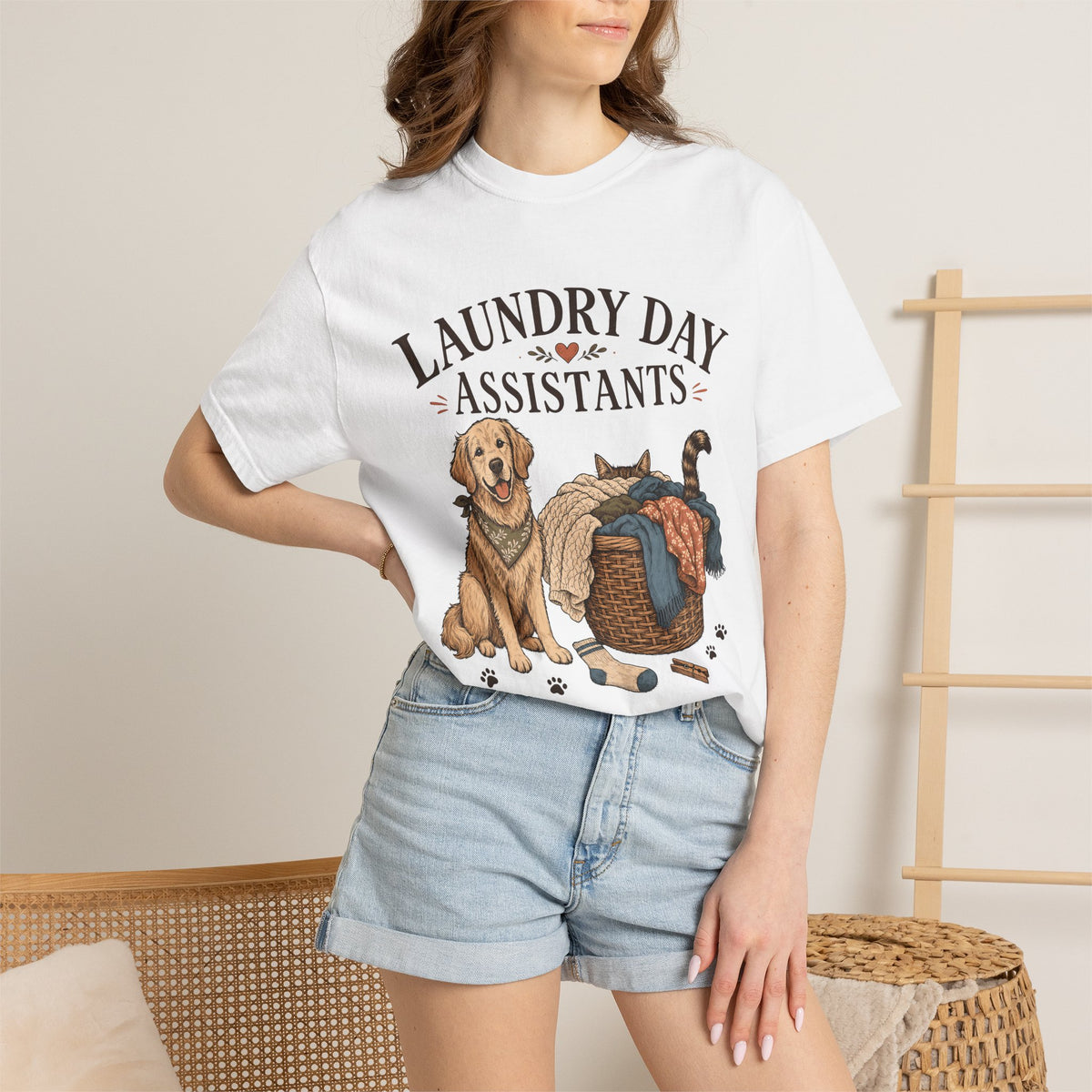 "Laundry Day Assistants" Funny Golden Retriever & Cat T-Shirt