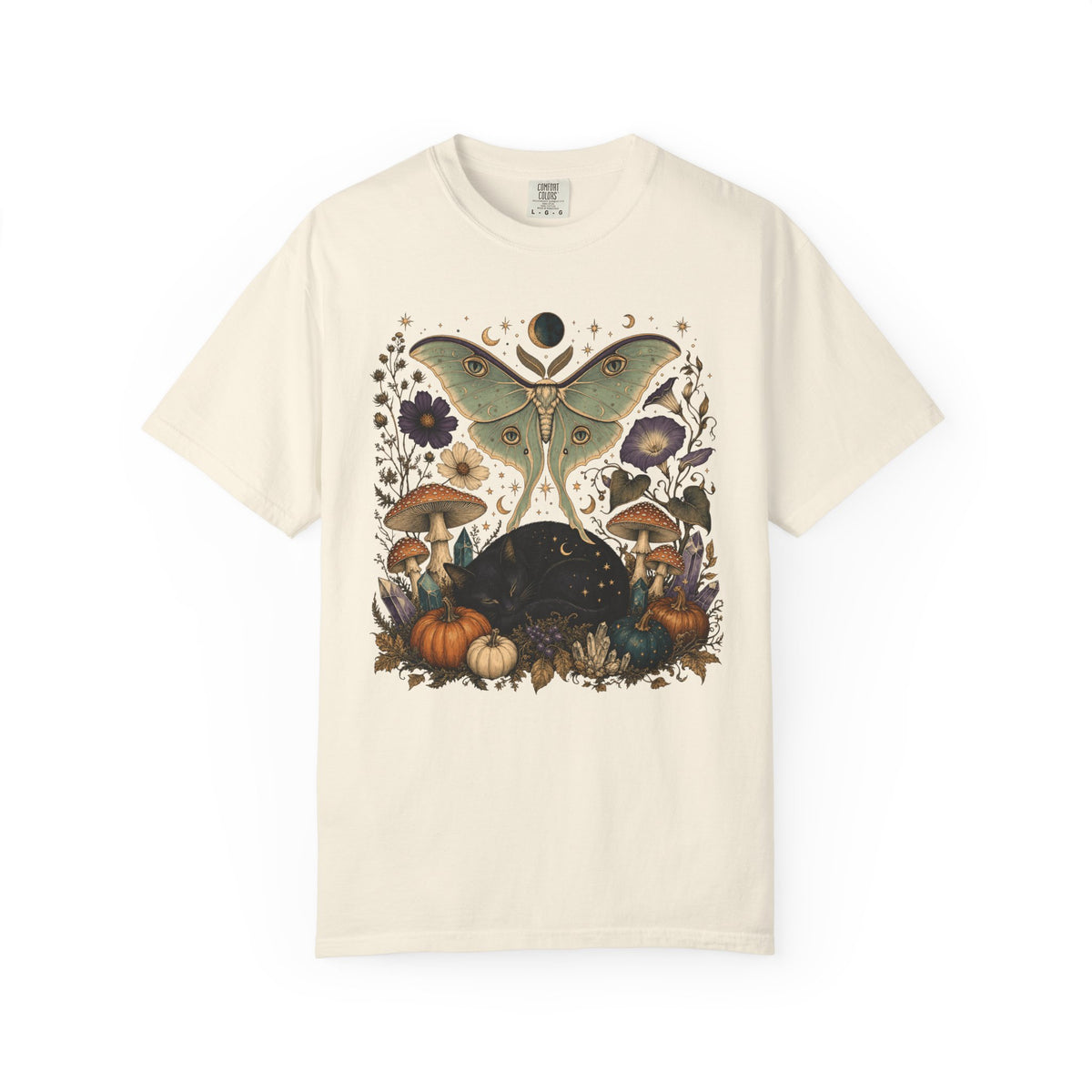 Celestial Black Cat T-Shirt – Witchy Moth & Mushroom Cat Lover Tee