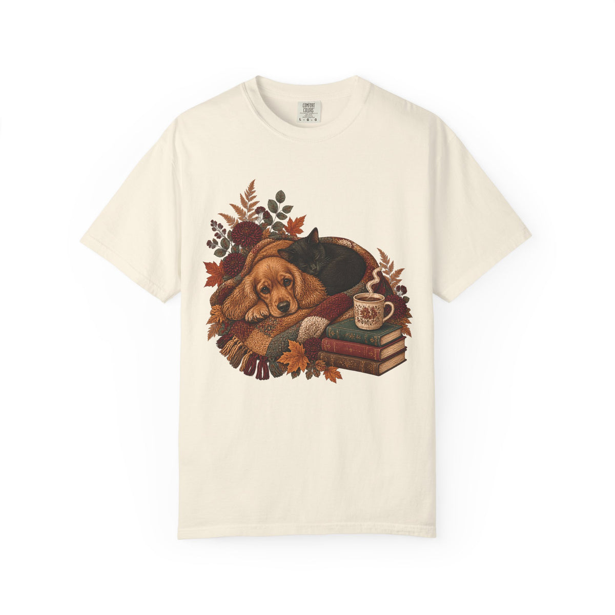 Cozy Autumn Dog & Cat T-Shirt – Sleeping Puppy and Kitten Fall Tee