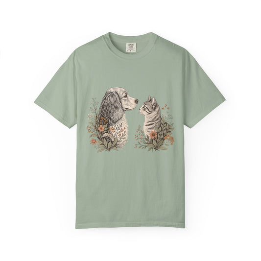 Botanical Dog & Cat Portrait T-Shirt – Floral Illustrated Design