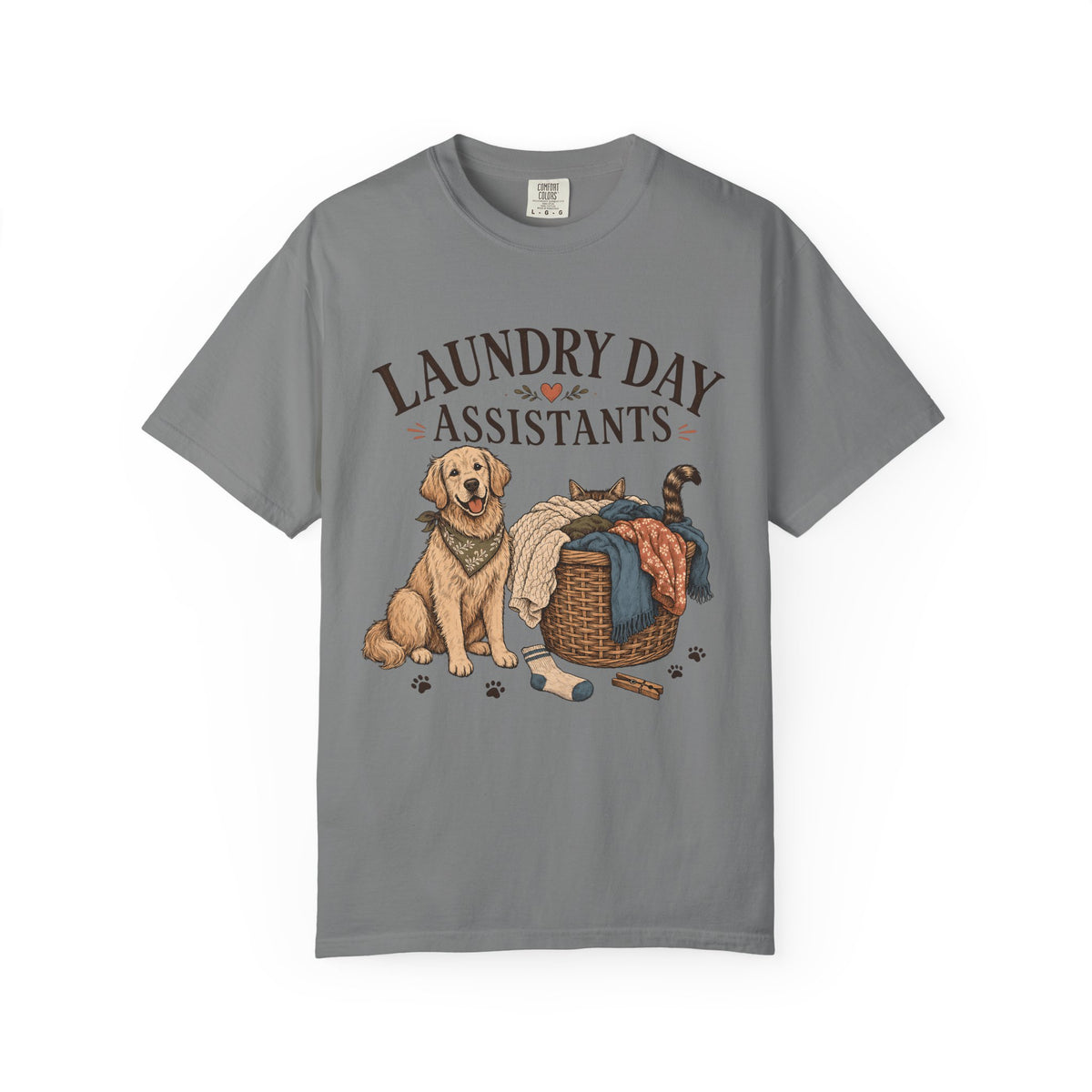 "Laundry Day Assistants" Funny Golden Retriever & Cat T-Shirt