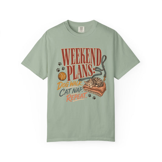 Weekend Plans Dog Walk Cat Nap Repeat T-Shirt – Funny Pet Parent Tee