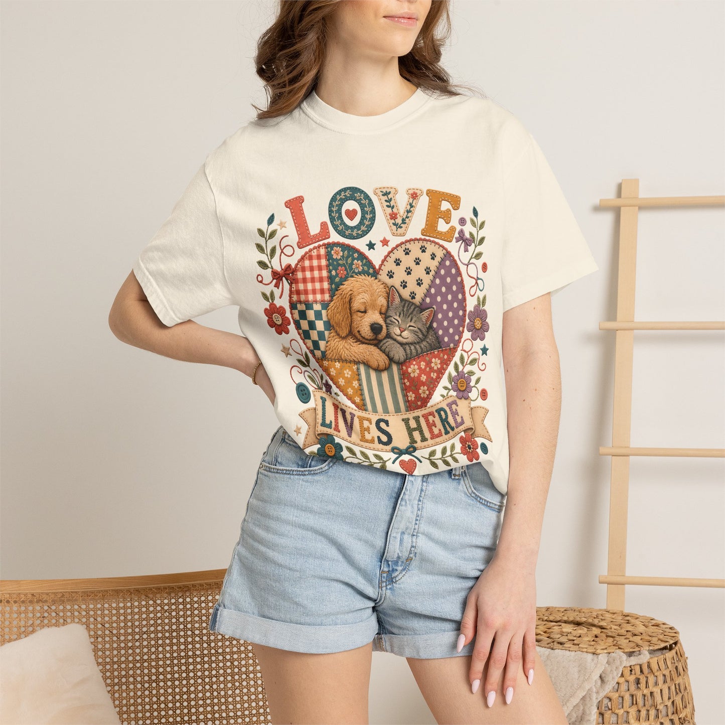 Love Lives Here — Cute Pet Lover T-Shirt - Embroidery Effecrt Print