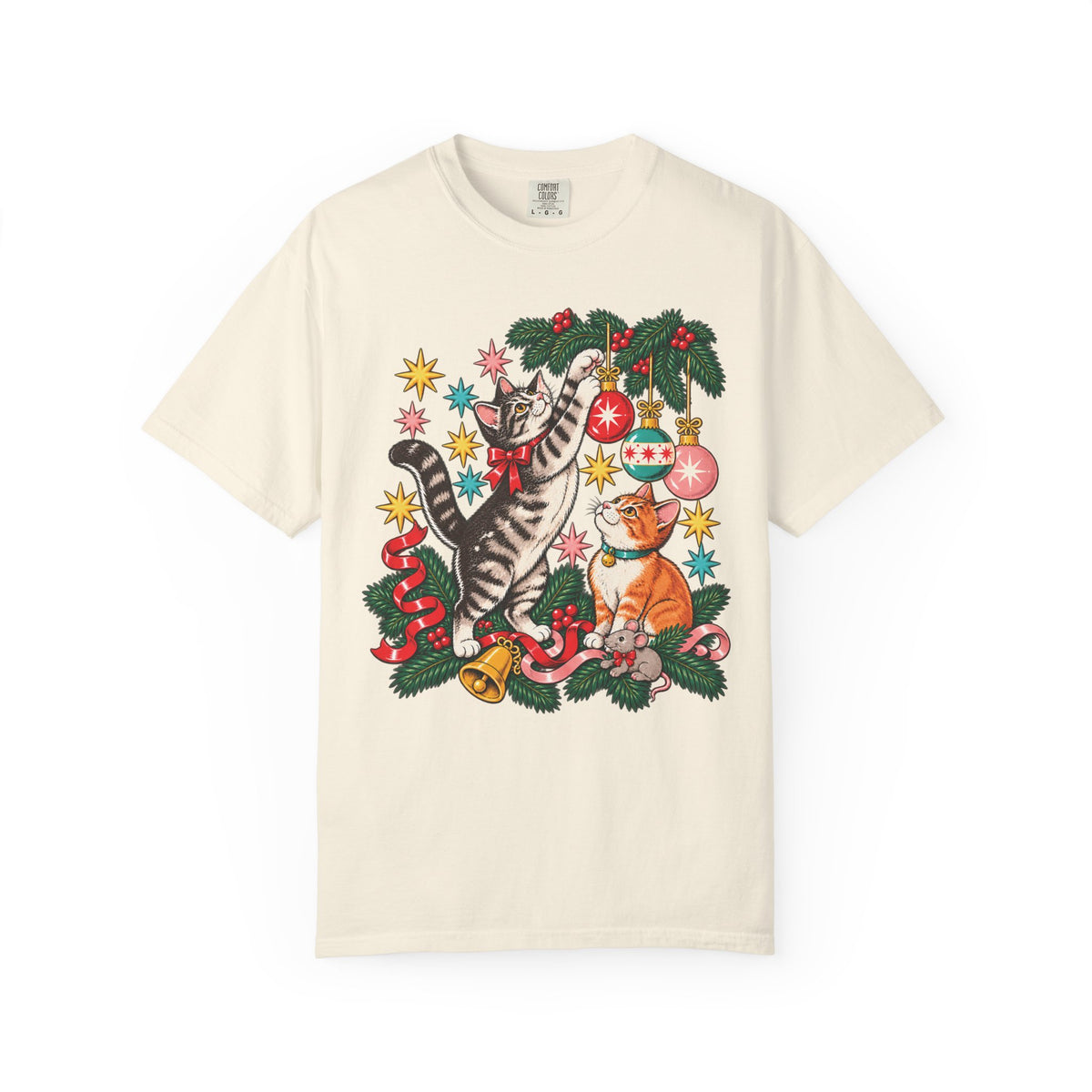 Retro Christmas Cats T-Shirt – Mischievous Cats & Ornaments Tee