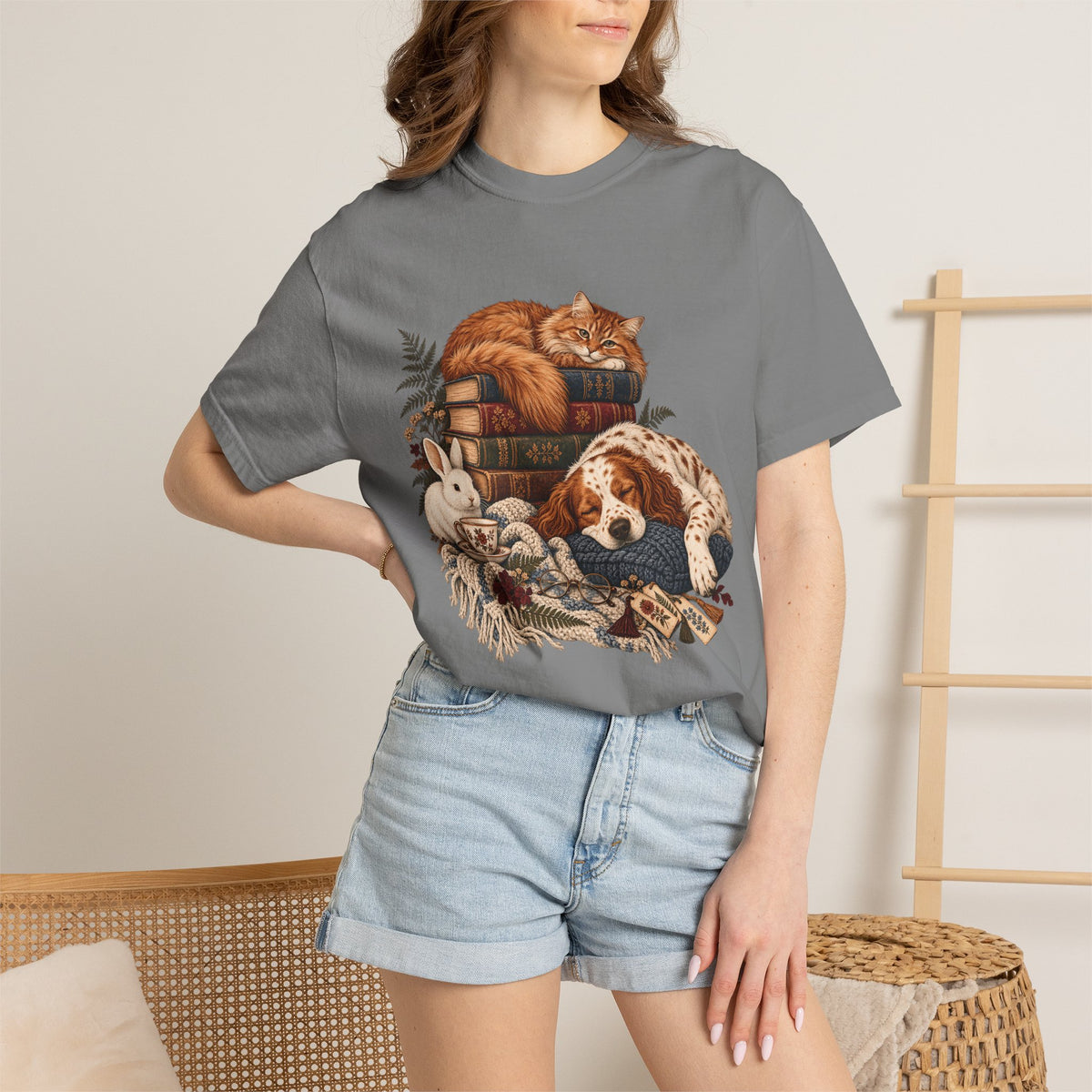 Cozy Reading Pets T-Shirt – Cat, Dog & Bunny Book Lover Tee