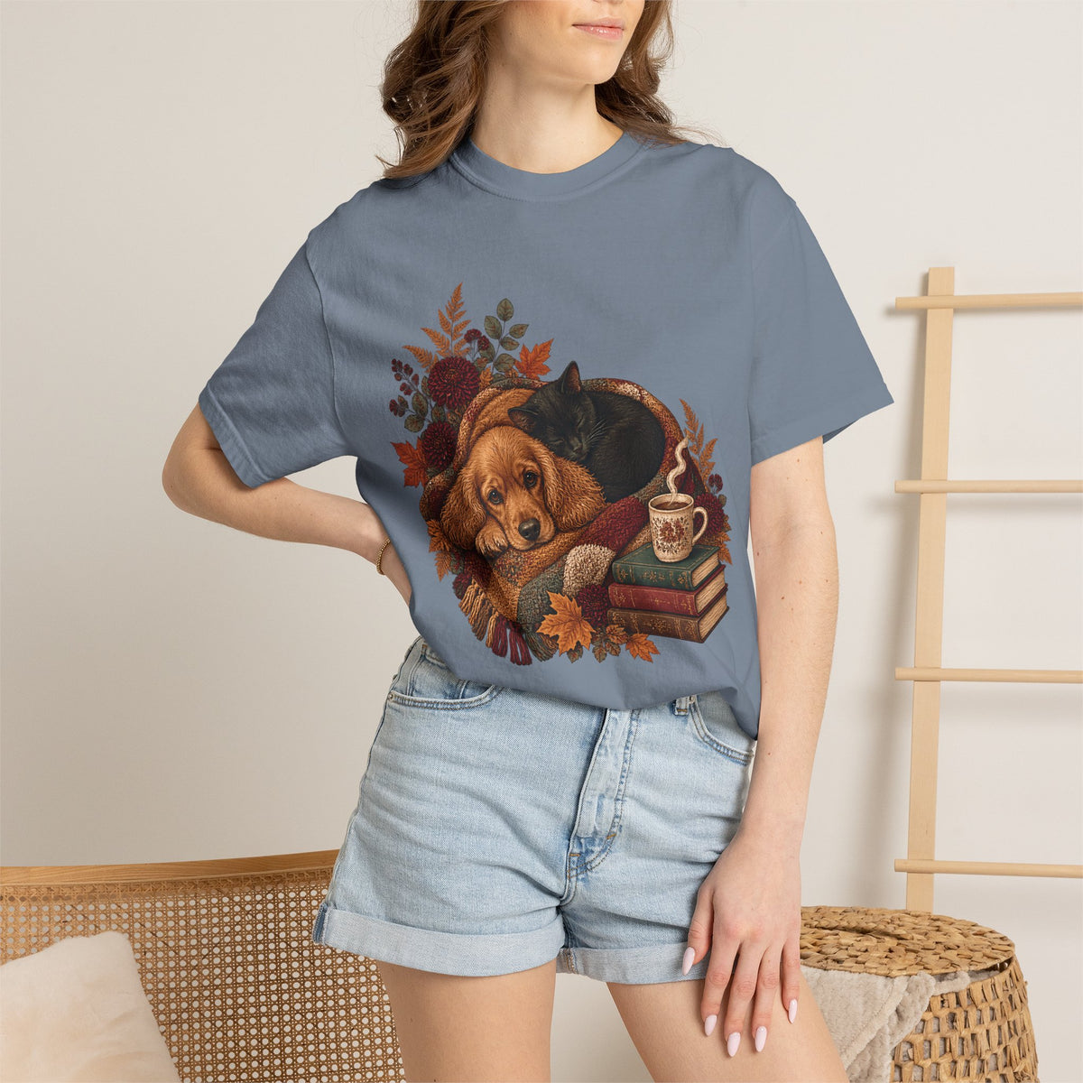 Cozy Autumn Dog & Cat T-Shirt – Sleeping Puppy and Kitten Fall Tee