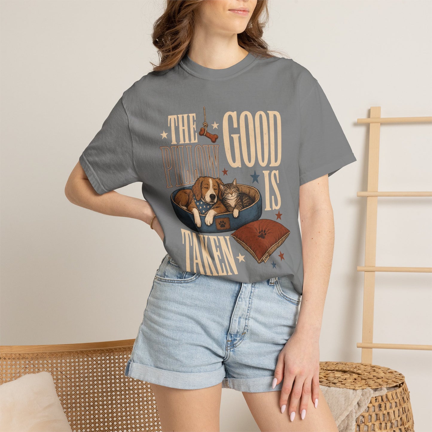 "The Good Pillow Is Taken" Funny Sleeping Dog & Cat T-Shirt