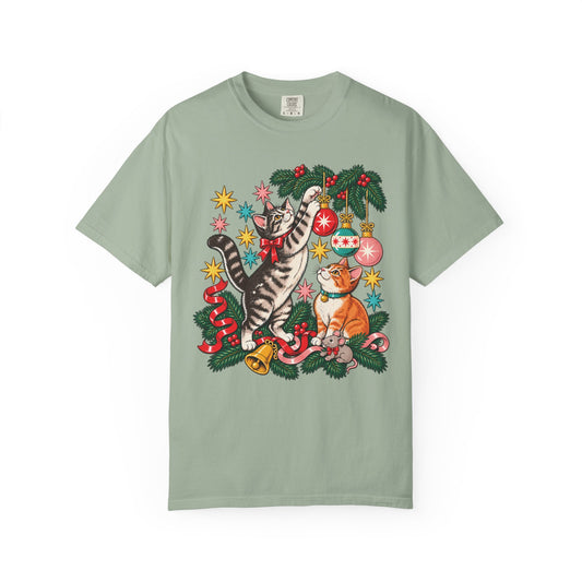 Retro Christmas Cats T-Shirt – Mischievous Cats & Ornaments Tee