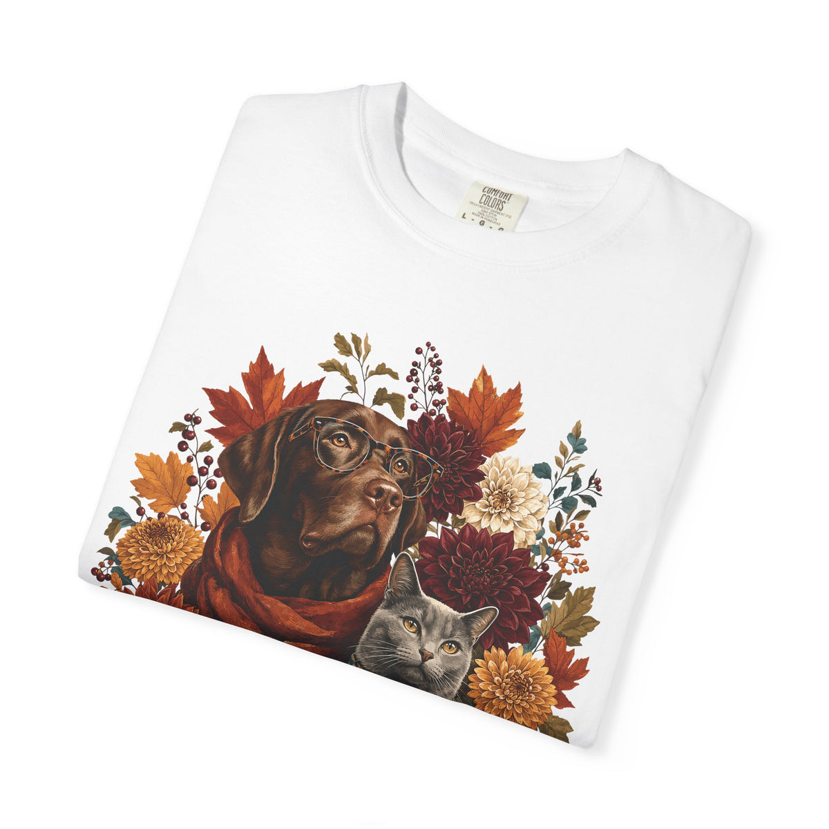 Autumn Dog & Cat T-Shirt – Vintage Floral Pet Lover Fall Graphic Tee