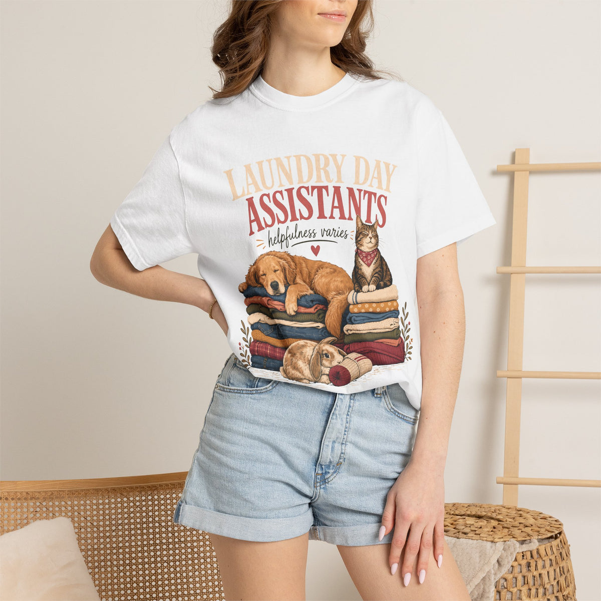 Laundry Day Assistants T-Shirt – Cute Dogs & Cat on Folded Clothes