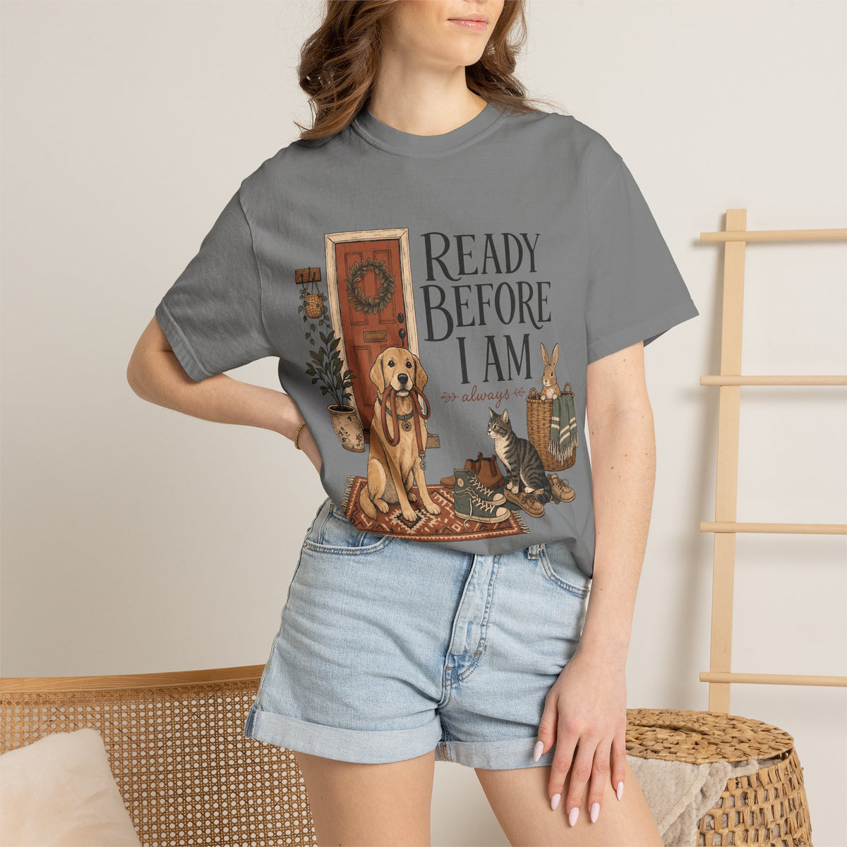 "Ready Before I Am, Always" Golden Retriever, Cat & Bunny T-Shirt
