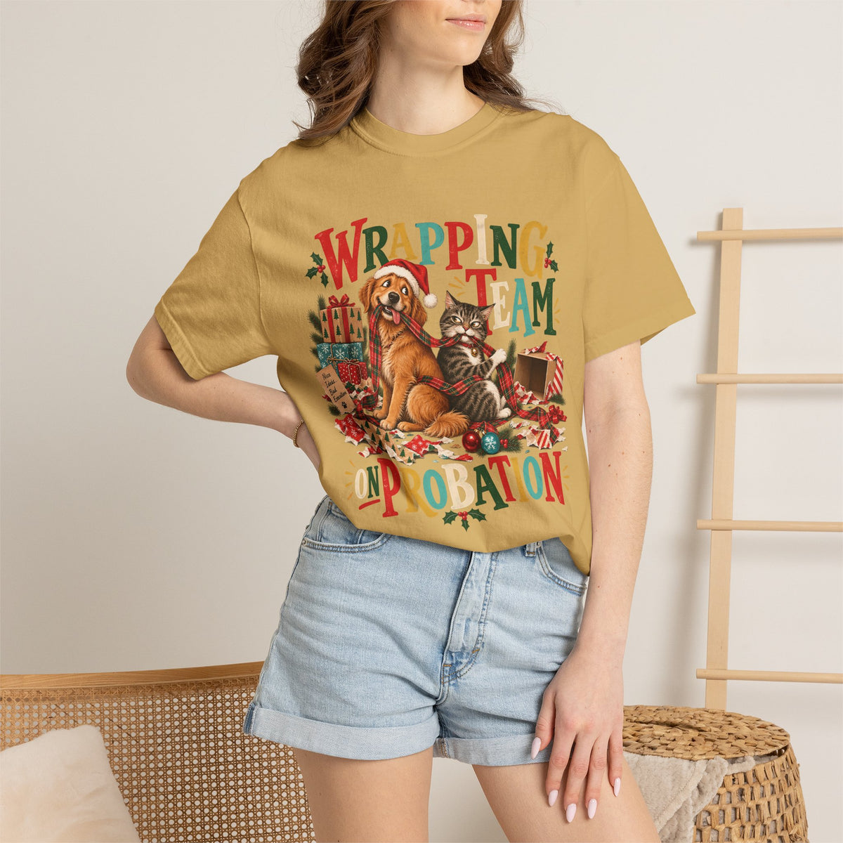 Wrapping Team on Probation T-Shirt – Funny Christmas Dog & Cat Tee