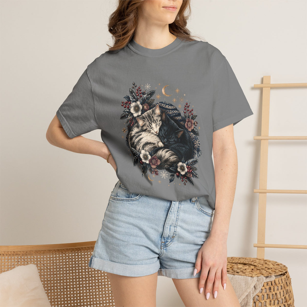 Sleeping Cats Winter T-Shirt – Celestial Cozy Cat Lover Tee