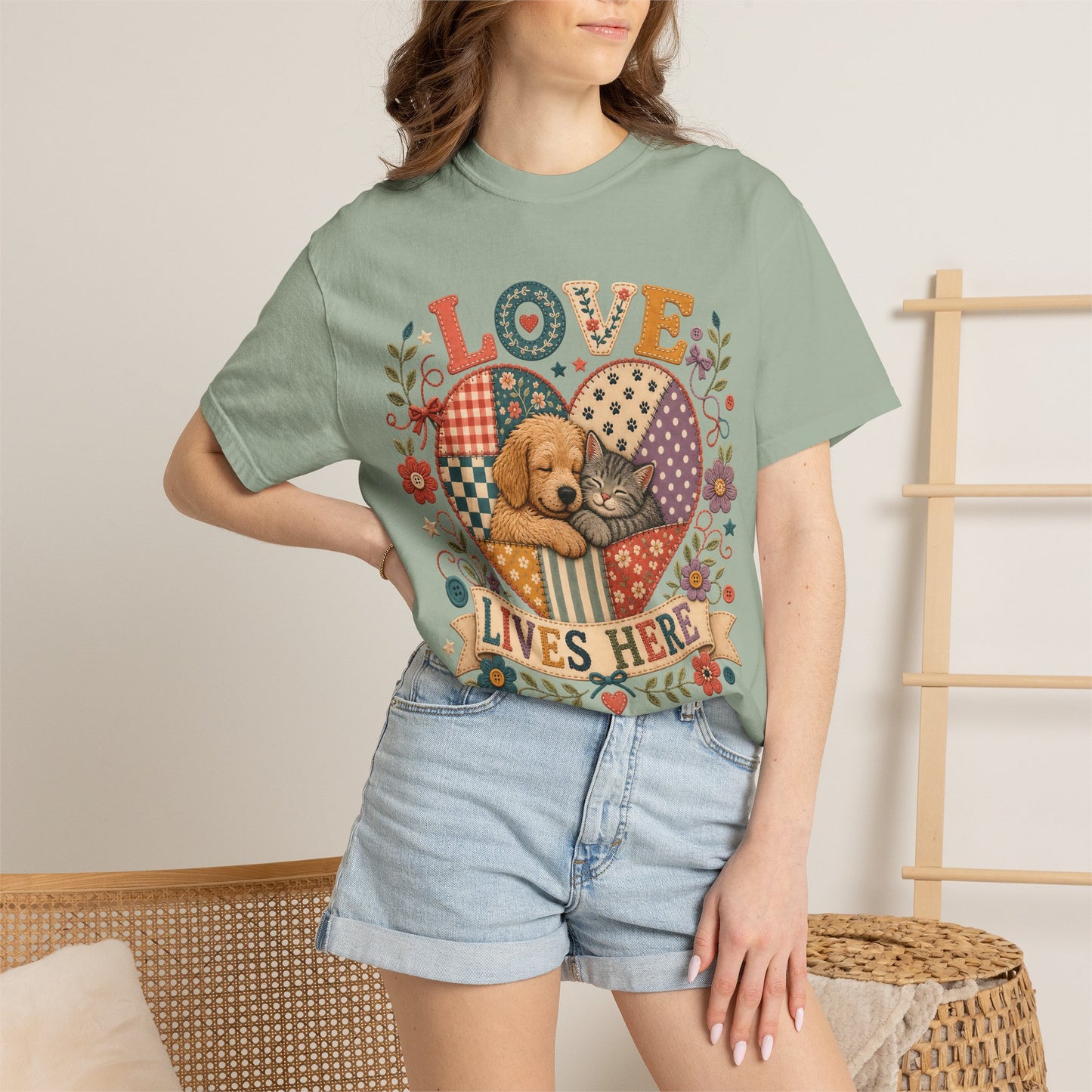 Love Lives Here — Cute Pet Lover T-Shirt - Embroidery Effecrt Print