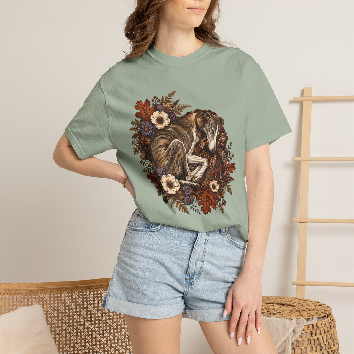 Sleeping Brindle Whippet Grey Hound T-Shirt – Vintage Autumn Sighthound Floral Tee