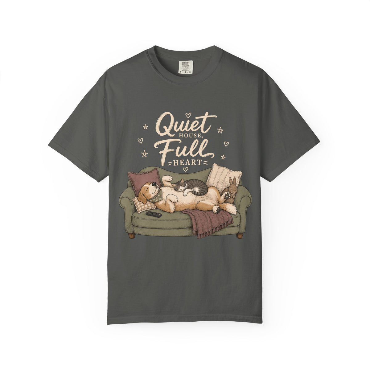 "Quiet House, Full Heart" Sleeping Dog, Cat & Bunny Sofa T-Shirt