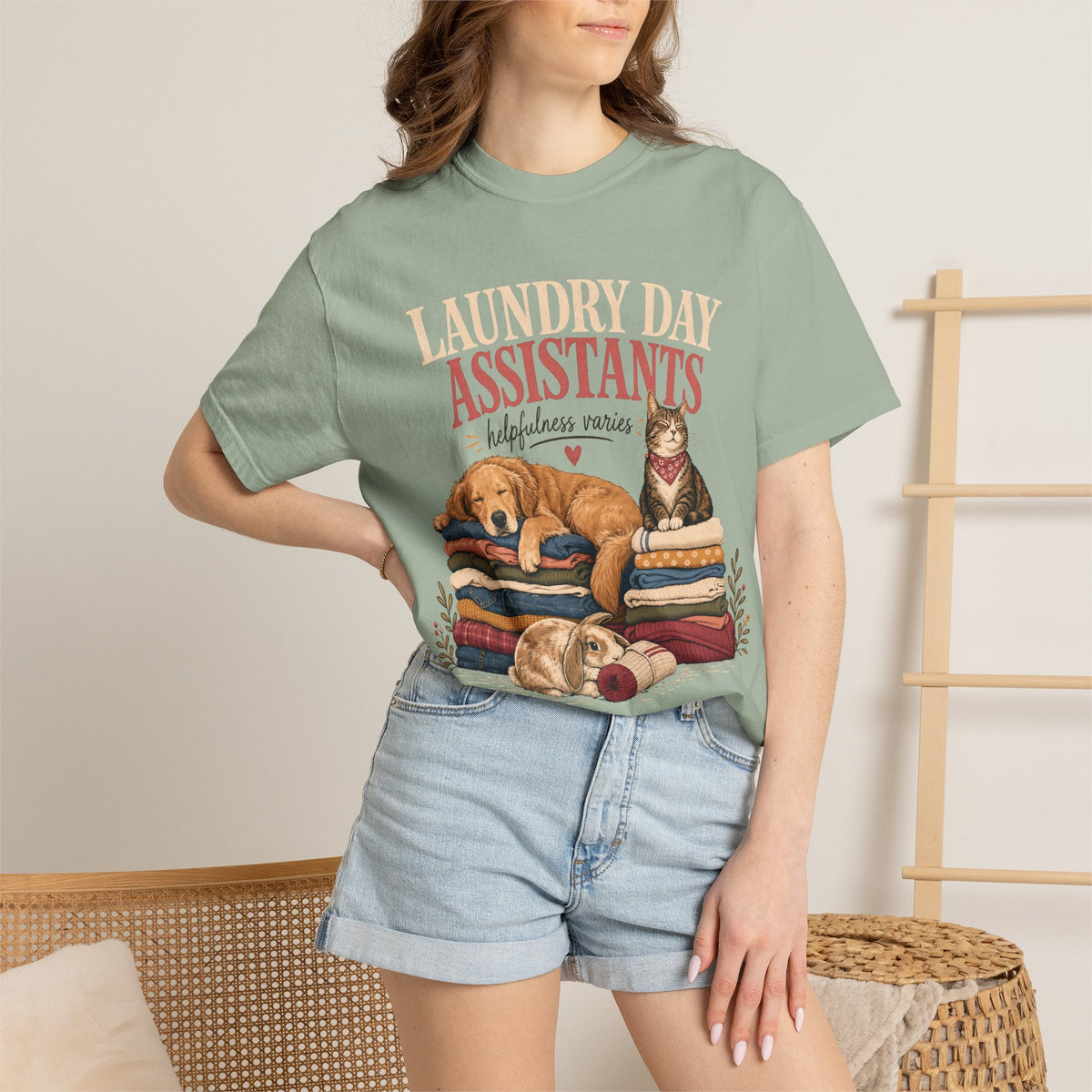 Laundry Day Assistants T-Shirt – Cute Dogs & Cat on Folded Clothes