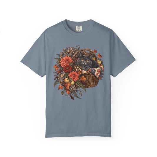 Grey Cat Autumn Floral T-Shirt – Vintage Cottagecore Cat Lover Tee