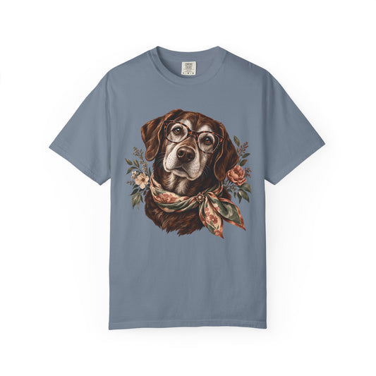 Vintage Floral Dog T-Shirt – Dog with Glasses & Botanical Scarf Tee