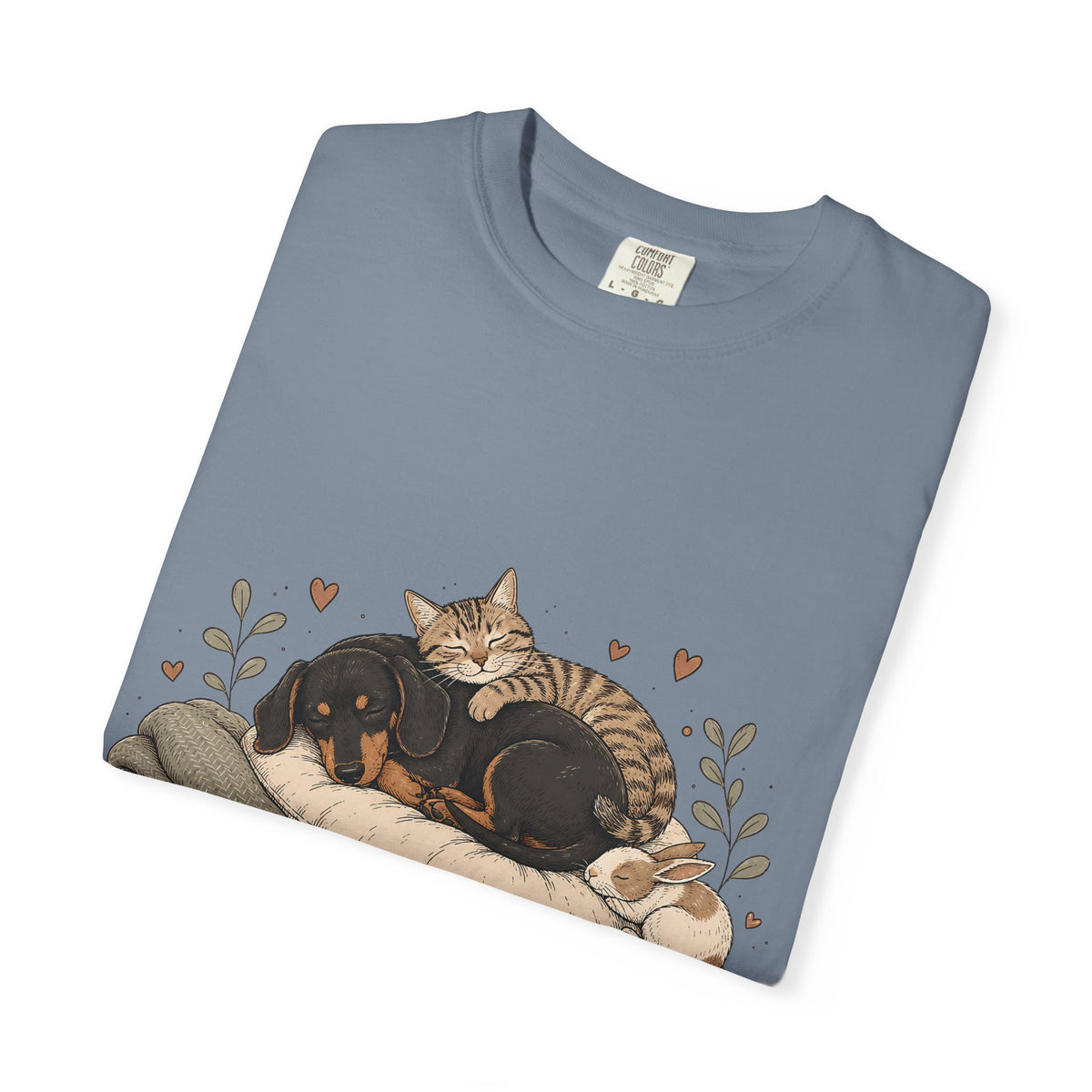 "Home Is Where They Nap" Sleepy Pets T-Shirt – Dachshund, Cat & Bunny Design