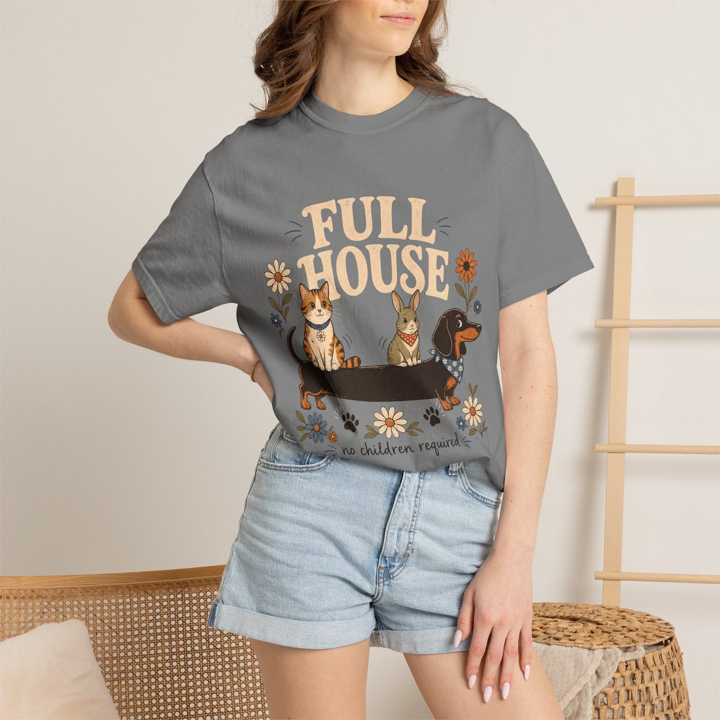 "Full House, No Children Required" Funny Dog, Cat & Bunny T-Shirt