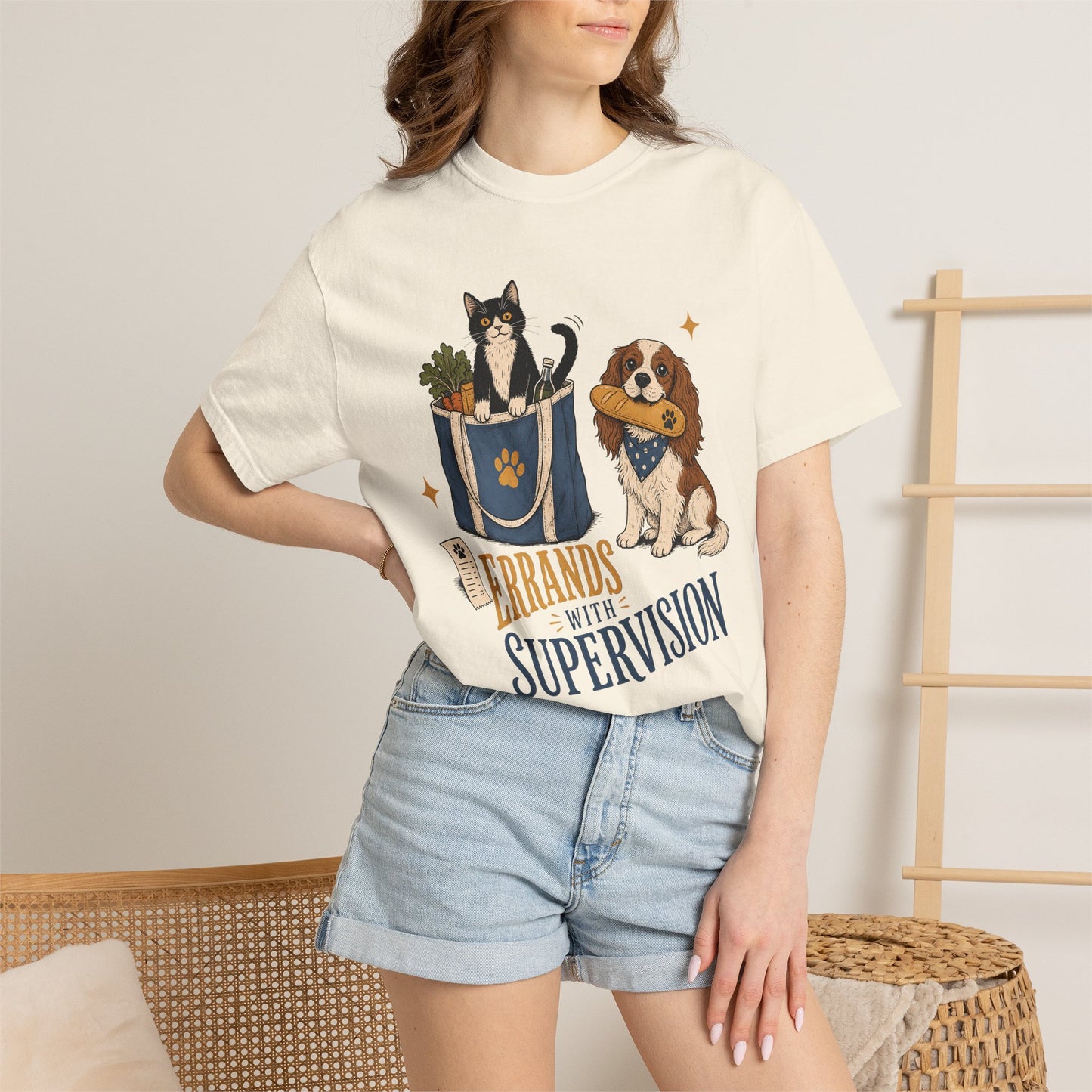 "Errands With Supervision" Funny Grocery Shopping Cat & Dog T-Shirt