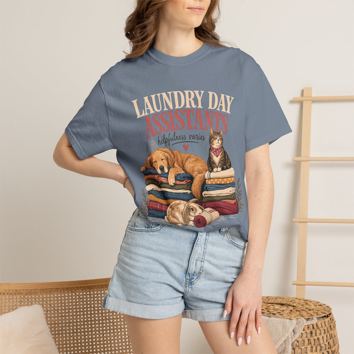 Laundry Day Assistants T-Shirt – Cute Dogs & Cat on Folded Clothes