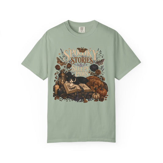 Spooky Stories & Sleepy Paws – Cozy Book Lover Pet T-Shirt